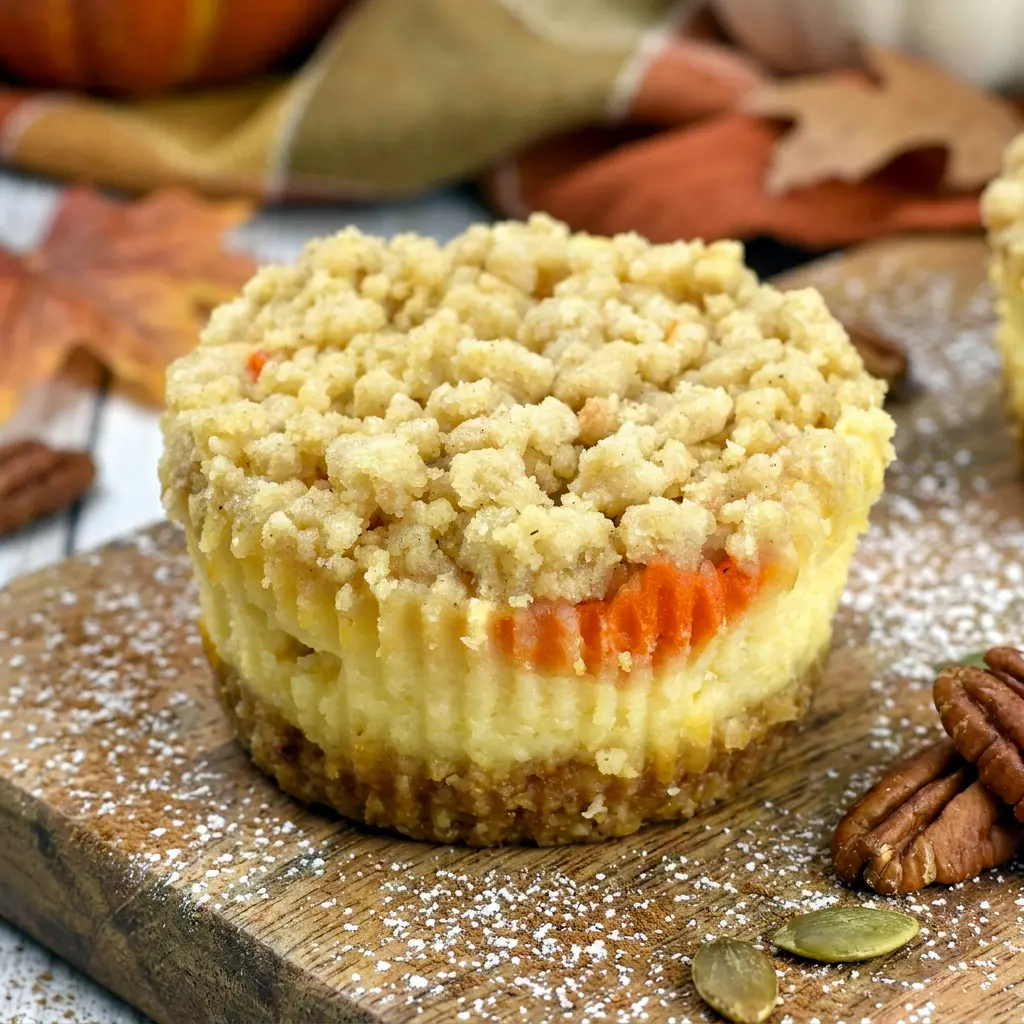 Close-up of a single Mini Pumpkin Cheesecake with Streusel Topping showing the crumb topping, an Easy Pumpkin Dessert anyone can make.