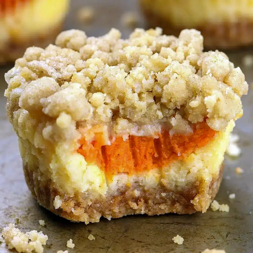 Cross-section of Mini Pumpkin Cheesecake with Streusel Topping revealing the pumpkin and Vanilla Cheesecake layers underneath.