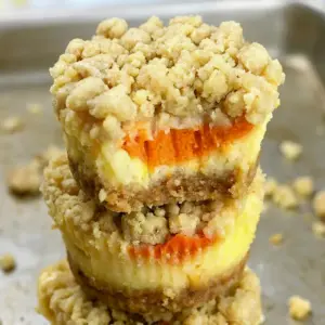 A tray of golden Mini Pumpkin Cheesecake with Streusel Topping, one of the best Fun Thanksgiving Desserts for the holiday table.