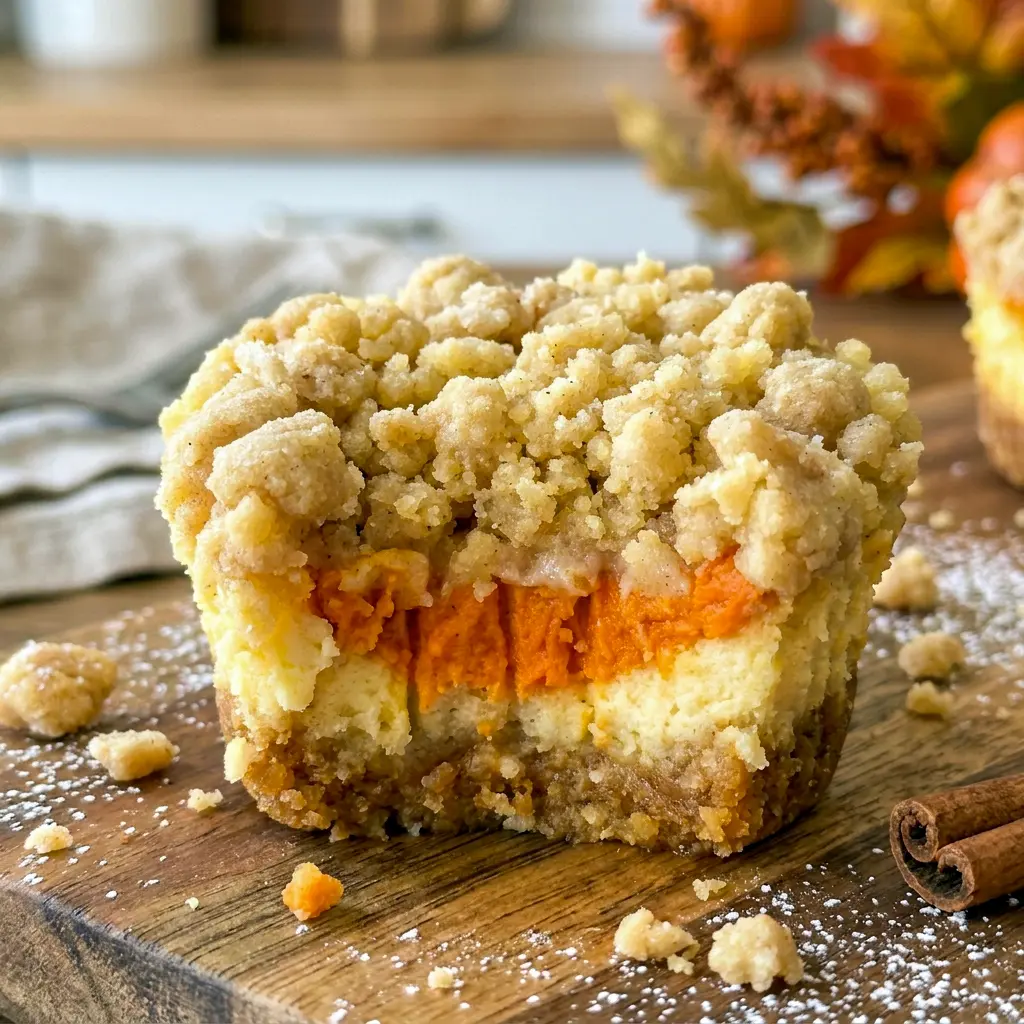 A hand picking up a Mini Pumpkin Cheesecake with Streusel Topping, perfect alongside other Fall Pies on the dessert table.