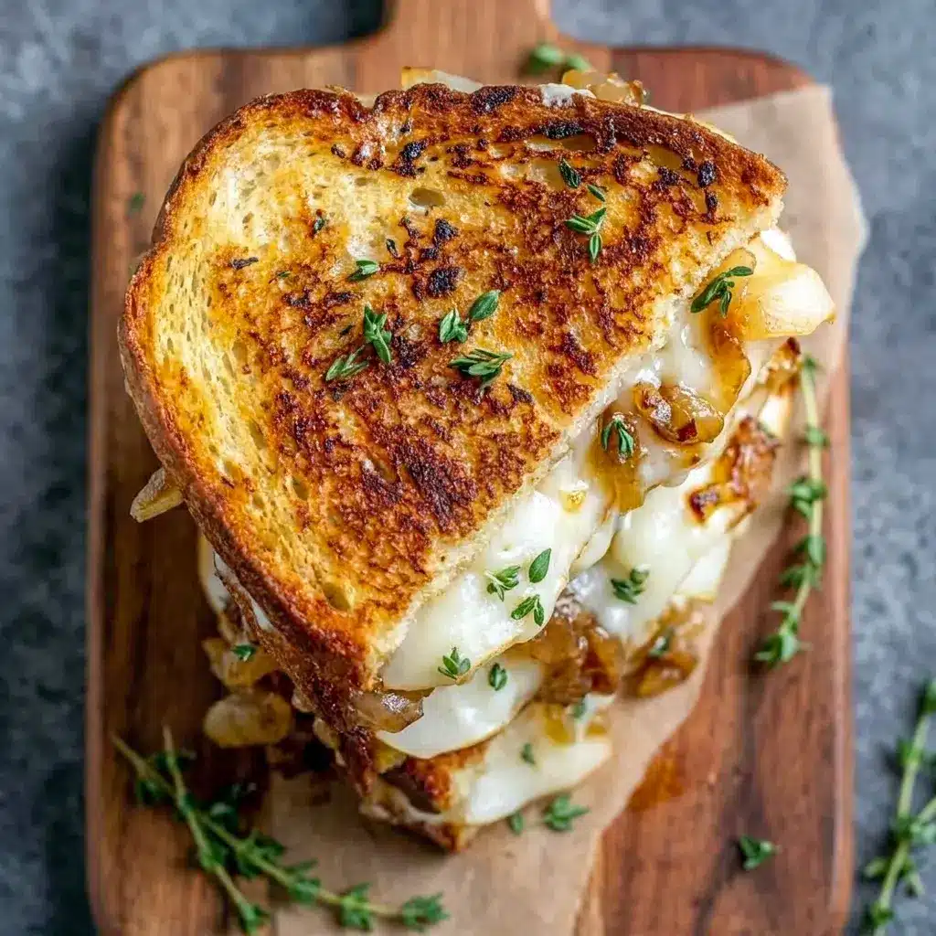 Close-up of Pear & Apple Grilled Cheese With Caramelized Onions showing pear, apple, and cheddar layers, perfect for fall winter lunch ideas.