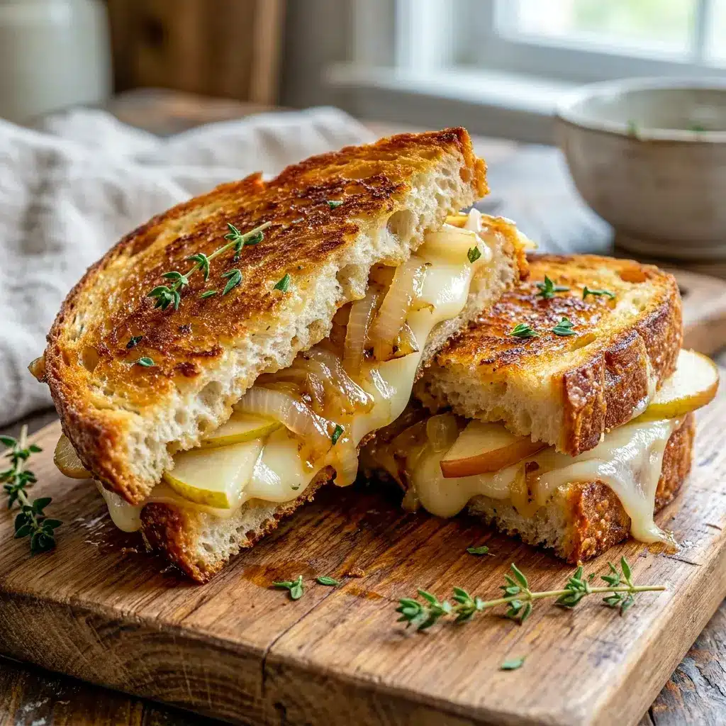 A plated Pear & Apple Grilled Cheese With Caramelized Onions with a side salad, styled as a true fall gourmet dinner.
