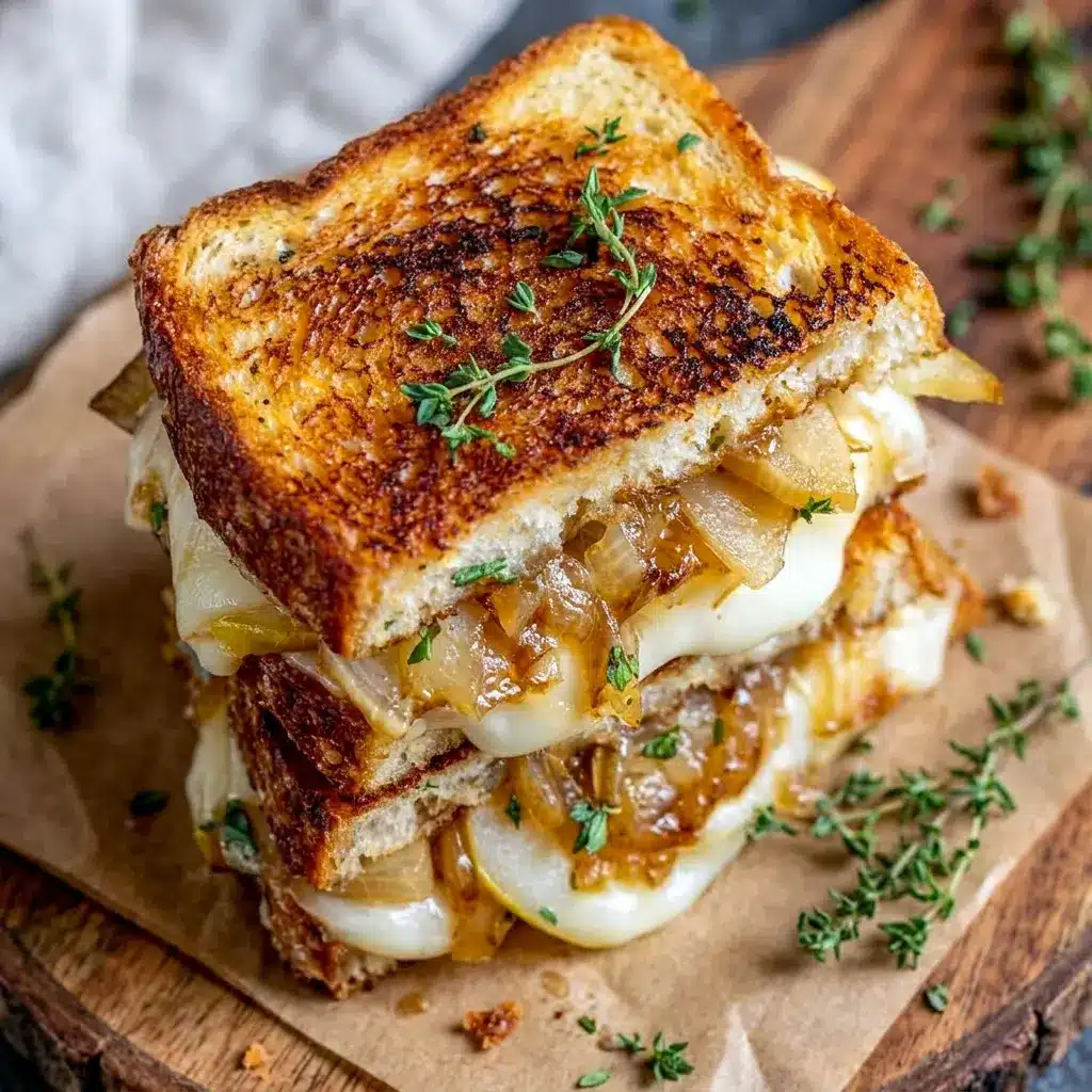 Stacked ingredients for Pear & Apple Grilled Cheese With Caramelized Onions on a wooden board, a great pick among apple dinner ideas.