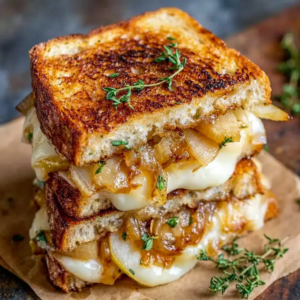 Pear & Apple Grilled Cheese With Caramelized Onions wrapped for travel, one of the easiest fall picnic recipes to pack.