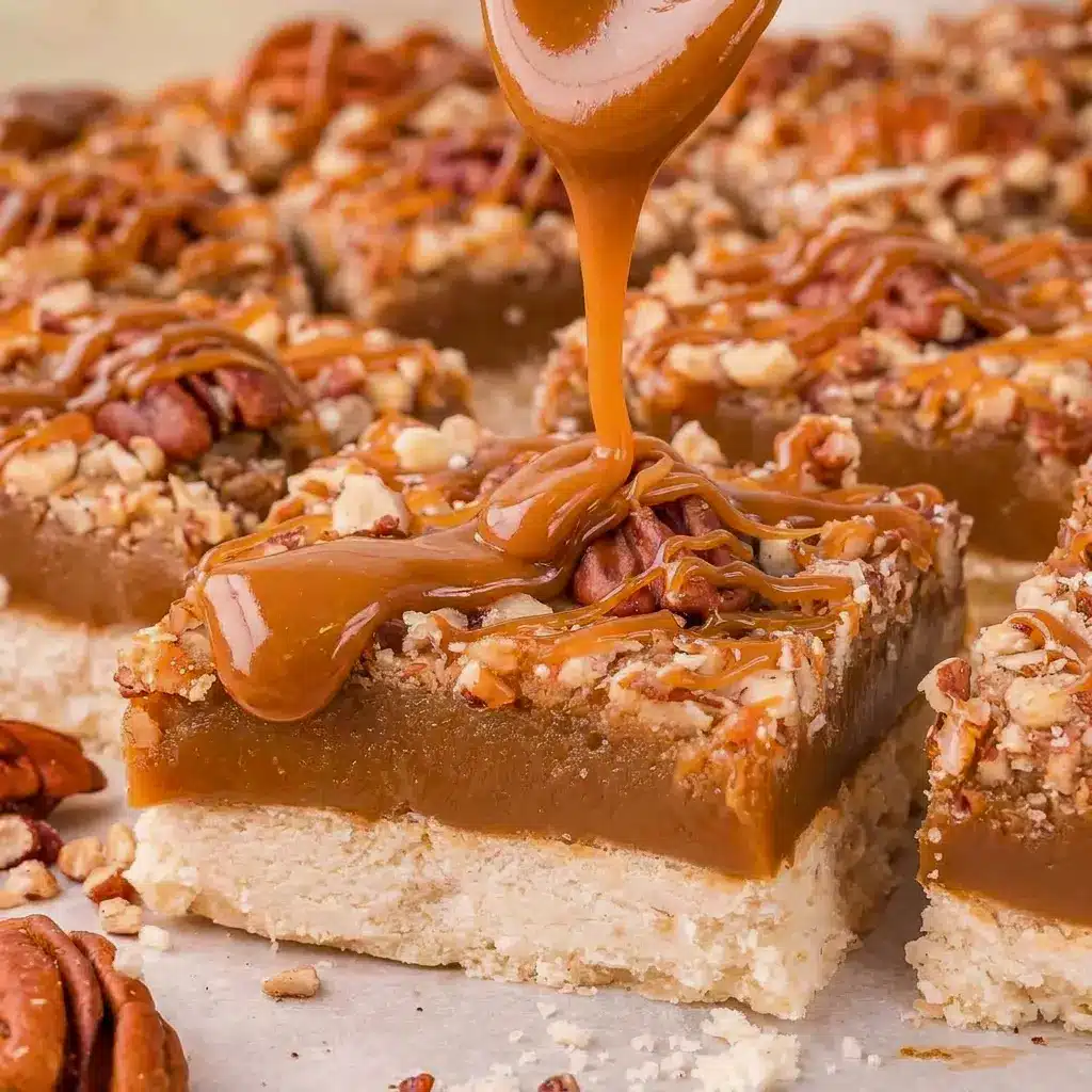 Overhead view of sixteen Salted Caramel Pecan Bars arranged on parchment paper, perfect as a fall treat for any dessert table.