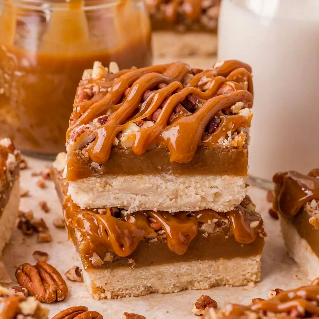 A single Salted Caramel Pecan Bars square held in hand, showing the thick salted caramel layer and toasted pecan halves pressed on top.
