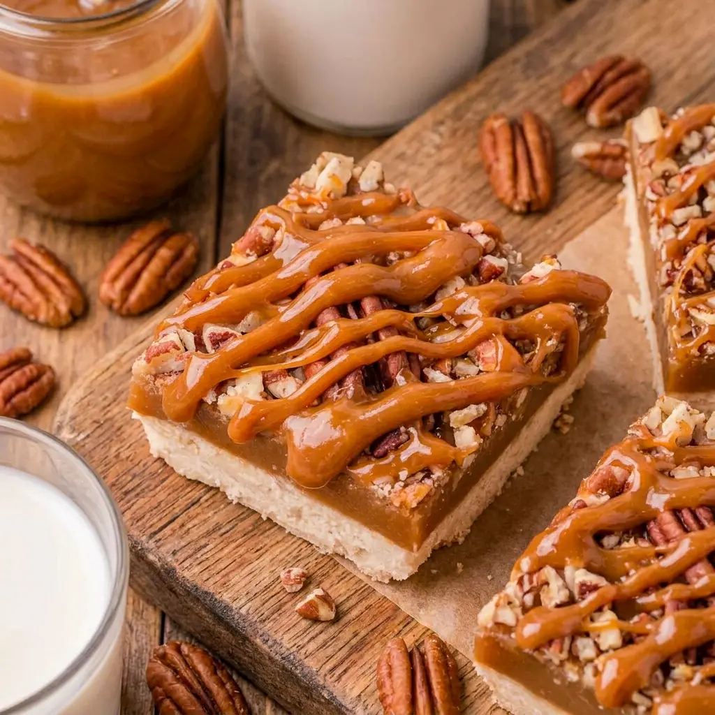 Top-down photo of Salted Caramel Pecan Bars cooling on a wire rack, one of the easy desserts worth adding to your fall baking list.