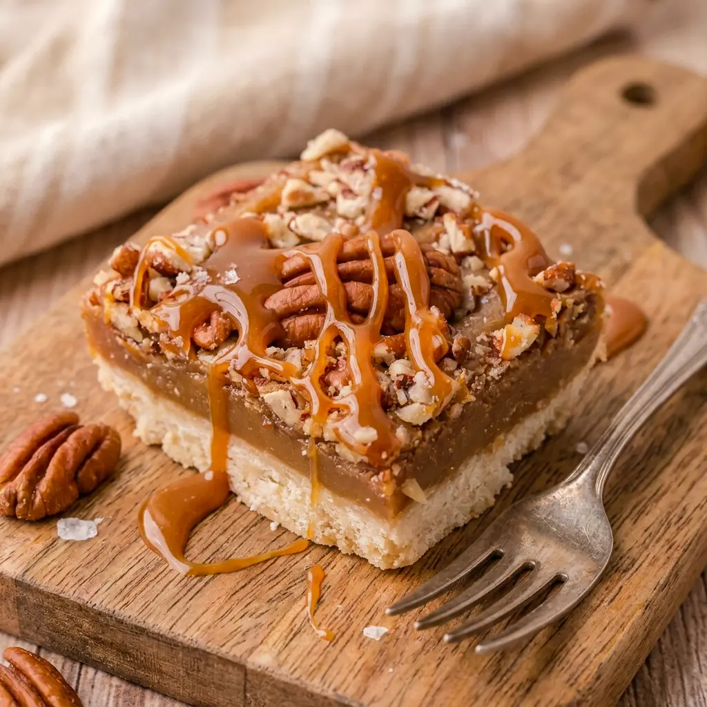 Close-up of freshly cut Salted Caramel Pecan Bars stacked on a plate, revealing the buttery shortbread crust and glossy caramel pecan topping.