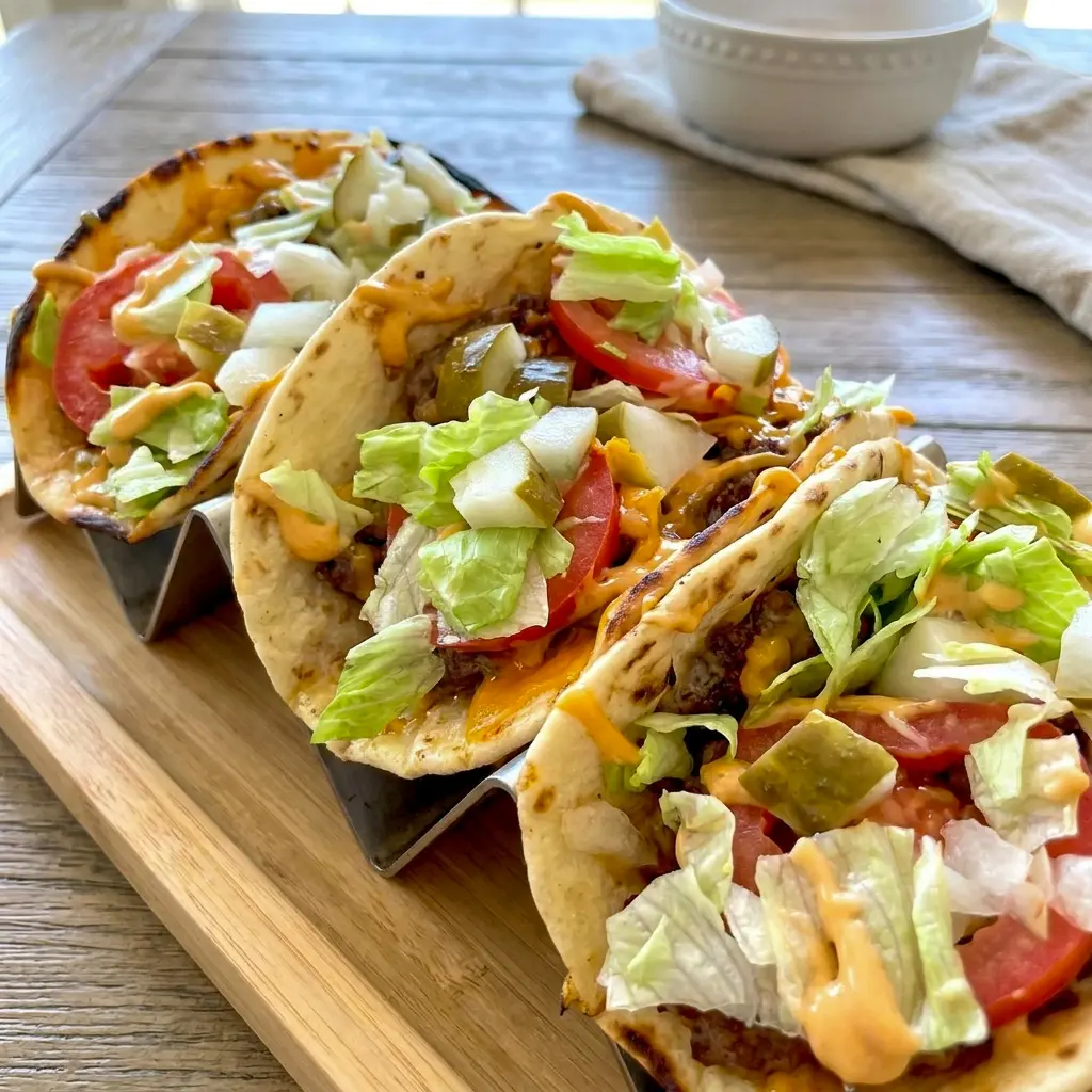 Melty cheese covering Smashed Cheeseburger Tacos fresh off the pan, a fun addition to any list of taco hamburger recipes.