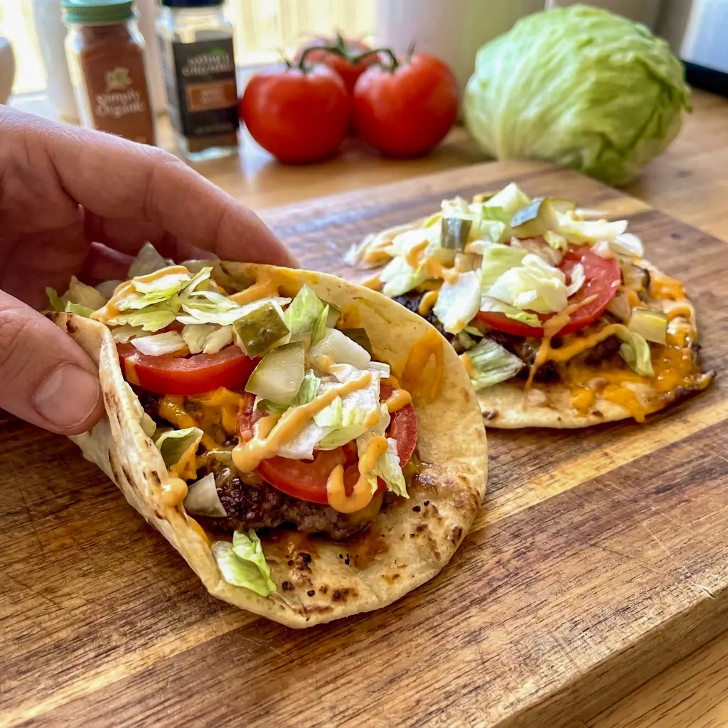 Crispy Smashed Cheeseburger Tacos cooking on a griddle, one of the easiest quick easy kids dinner options around.