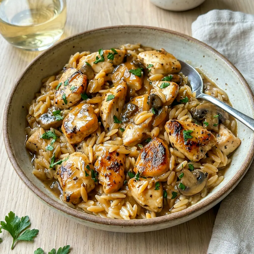 Close-up spoonful of Chicken Marsala Orzo showing tender shredded chicken, a rich Creamy Marsala Chicken dish.