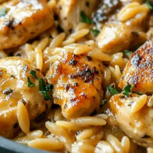 A creamy skillet of Chicken Marsala Orzo with seared mushrooms, a comforting One Pan Chicken Marsala And Orzo dinner.