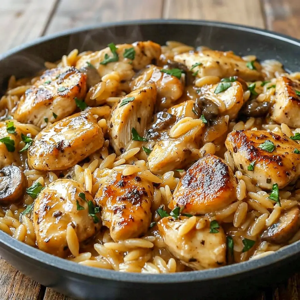 A bowl of Chicken Marsala Orzo with freshly grated Parmesan, an easy One Pan Chicken Marsala for busy weeknights.