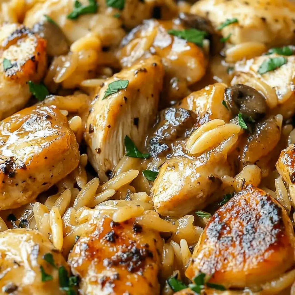 Plated Chicken Marsala Orzo served with crusty bread, a cozy take on Chicken Marsala With Orzo.