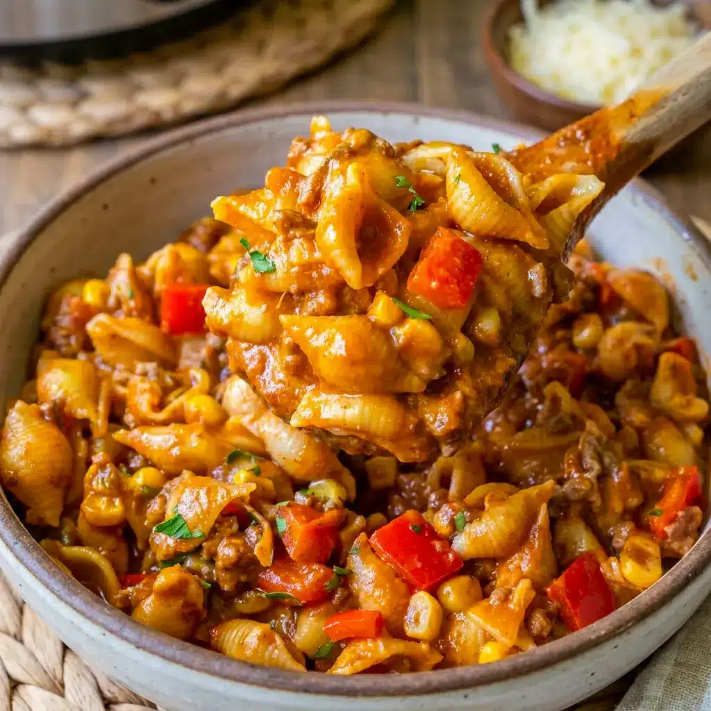 Overhead shot of Easy Slow Cooker Taco Pasta cooking in the crockpot, a true Taco Pasta In Crockpot favorite.