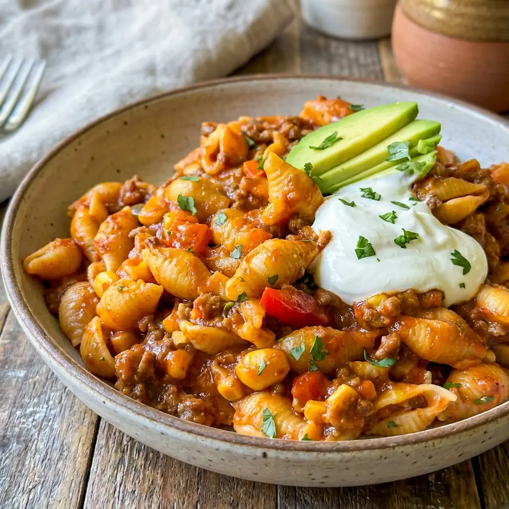 Close-up of melted cheddar stirred into Easy Slow Cooker Taco Pasta, perfect among Ground Beef Pasta Slow Cooker Recipes.
