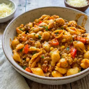 A cheesy bowl of Easy Slow Cooker Taco Pasta topped with cilantro, one of the best Crockpot Pasta Recipes Ground Beef around.