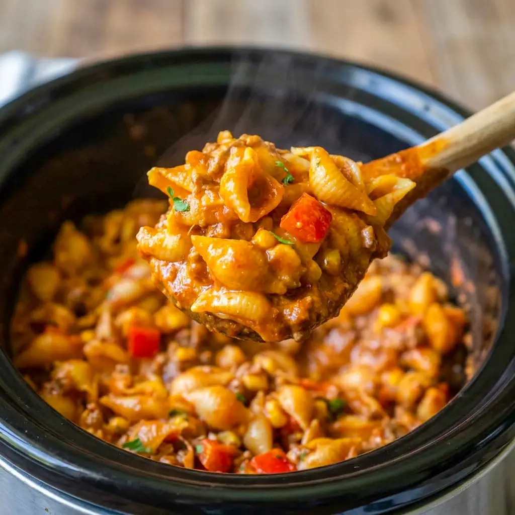 A full pot of Easy Slow Cooker Taco Pasta ready to serve, ideal for Crockpot Potluck Recipes For Work.
