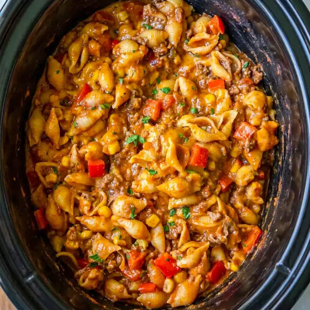 A bowl of Easy Slow Cooker Taco Pasta with sour cream and avocado, one of the easiest Crockpot Recipes Taco Pasta to make.