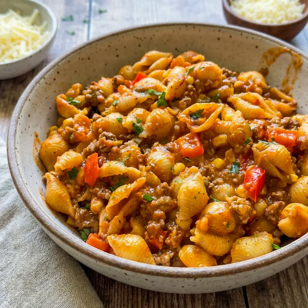 A cheesy bowl of Easy Slow Cooker Taco Pasta topped with cilantro, one of the best Crockpot Pasta Recipes Ground Beef around.